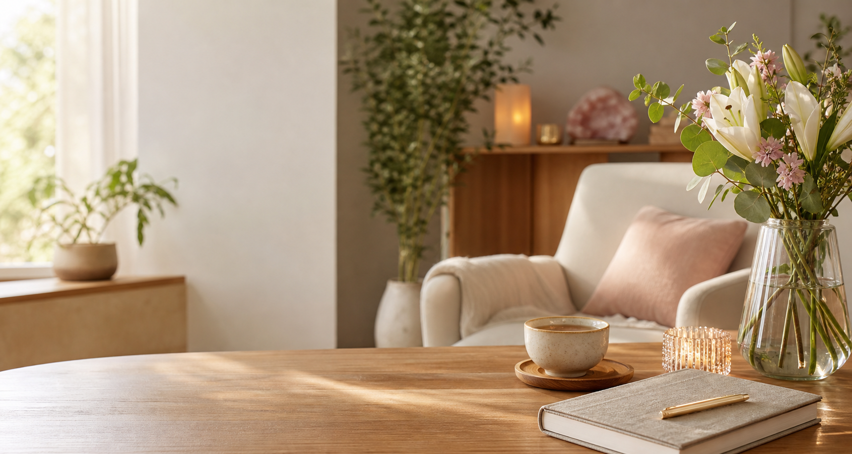 Heller Beratungsraum mit Notizbuch und Tee als ruhige Stimmung für ein Reading